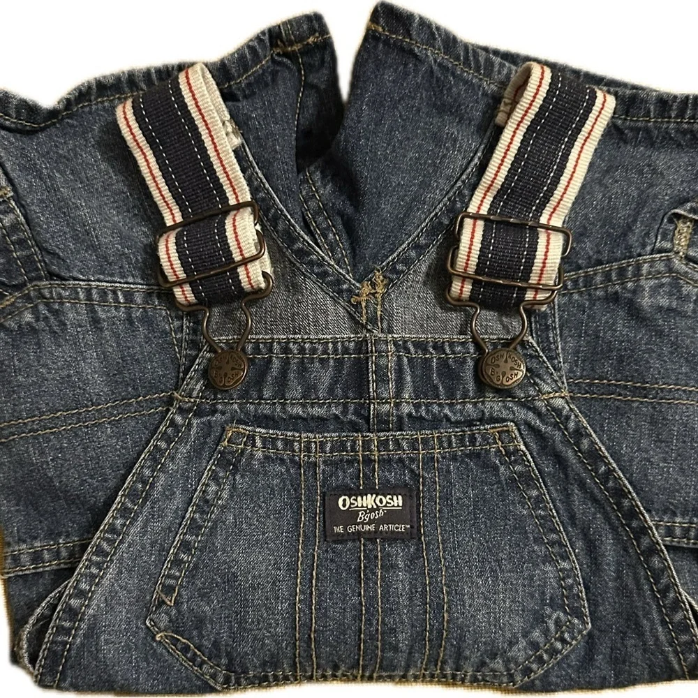 OshKosh B'gosh Blue Denim Overalls w/ Navy Striped Straps 2T Boat Americana July